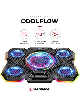 Rampage S47 COOLFLOW 5 Adet Kırmızı Led Fan 1 Usb 7 Farklı Kademe Ayarı 10 17.3 Notebook Soğutucu Stand